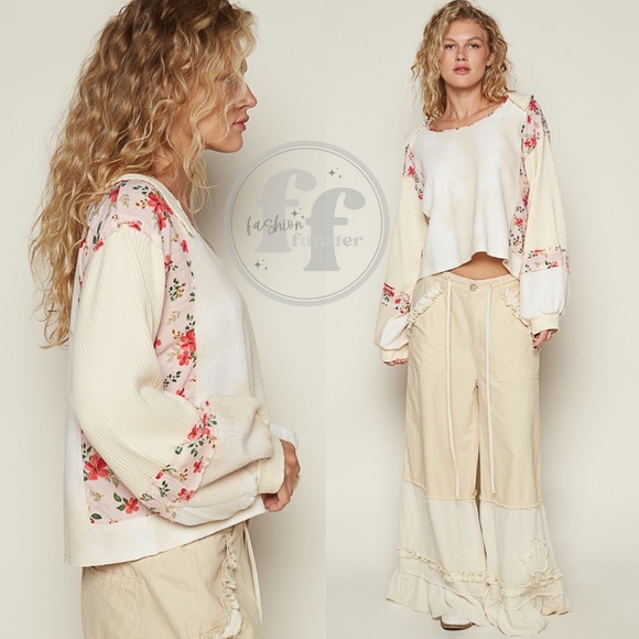 POL Cream Tie Dye Thermal Pink Floral Print Pullover Top - Picture 3 of 3